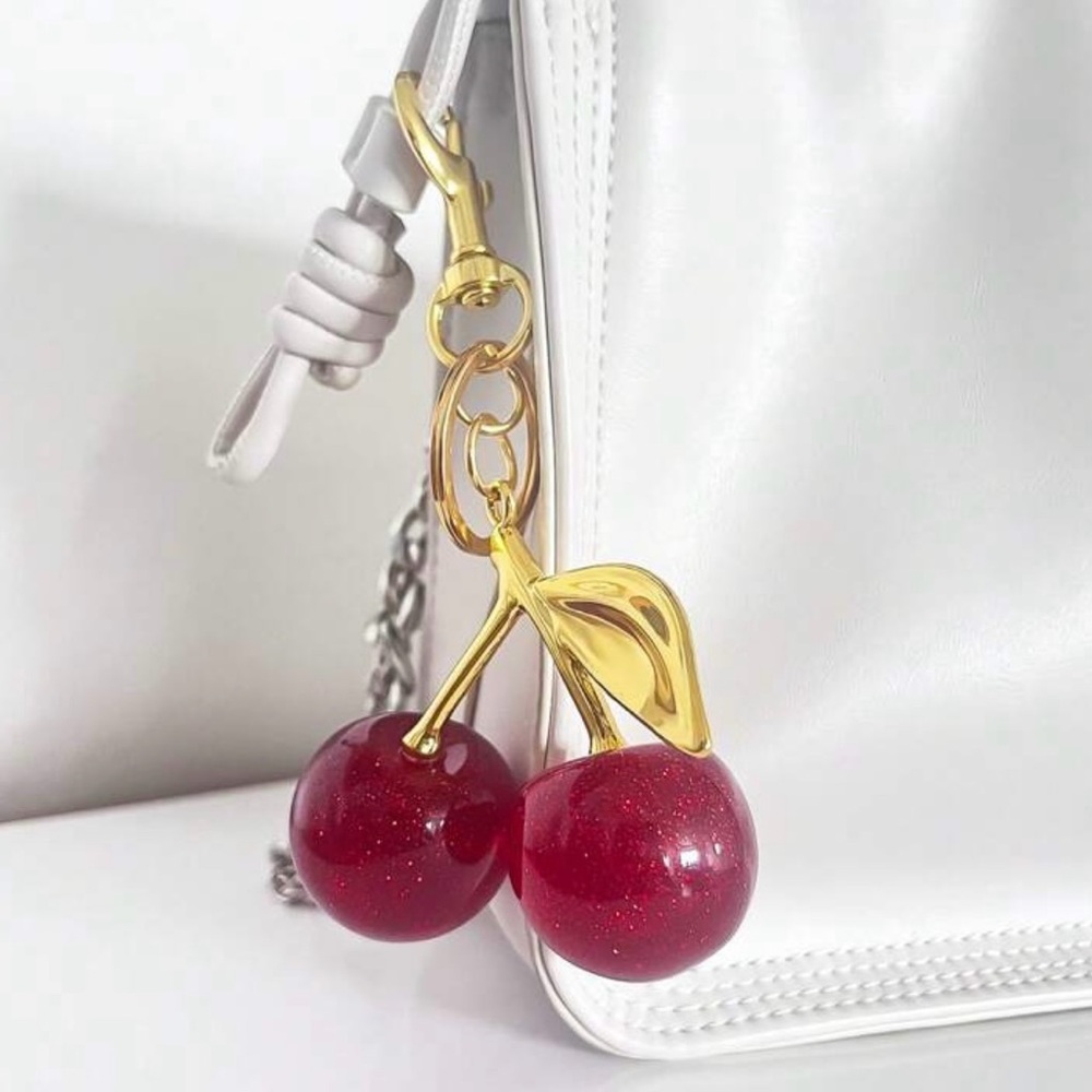 Cherry Bag Charm KeyChain  Glitter Resin and Metal Brass Red Apple Gifts
